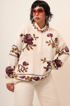 Pulover flores vintage tricot creme - Capichó Brechó