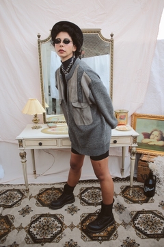 Casaco de lã vintage bolso utilitário couro zíper frente comprido na internet