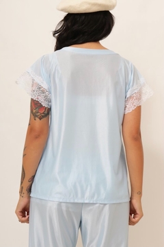 Conjunto azul calça + blusa detalhe renda pijama - comprar online