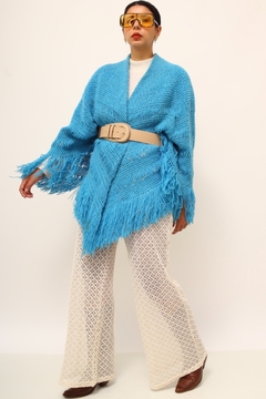 Poncho manta azul franjas vintage