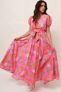Vestido rosa neon amplo longo vintage forrado - loja online
