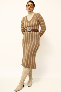 Vestido tricot camelo decote V manga comprida - comprar online