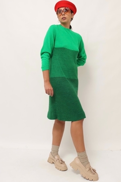 vestido verde bicolor midi manga 3/4 - comprar online