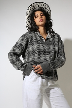 tricot cinza manga bufante gola V xadrez - comprar online