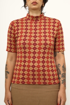 Blusa xadrez vintage vermelho bege golinha tricot - comprar online