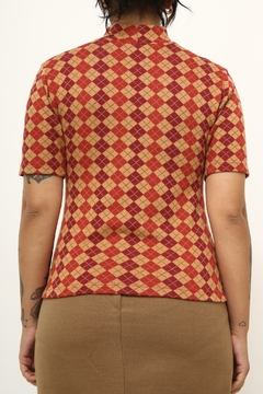 Blusa xadrez vintage vermelho bege golinha tricot na internet