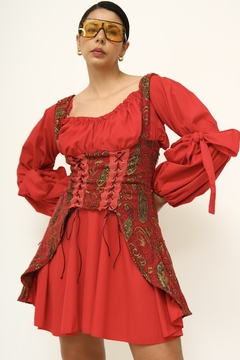 Vestido vintage espartilho vermelho tapeçaria - Capichó Brechó