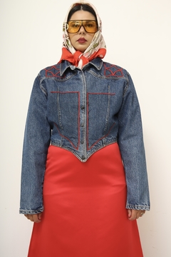 Jaqueta jeans recorte vermelho vintage