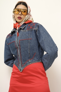 Jaqueta jeans recorte vermelho vintage