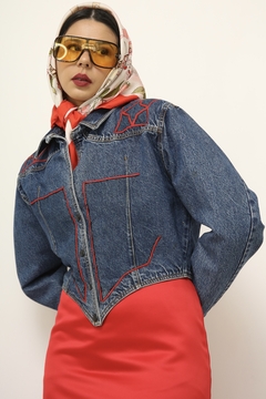 Jaqueta jeans recorte vermelho vintage - comprar online