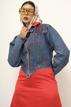 Jaqueta jeans recorte vermelho vintage na internet