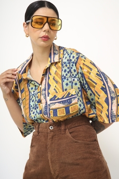 Camisa viscose estampada azul laranja