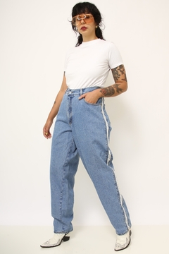 Calça jeans azul classica listra branca lateral bag na internet