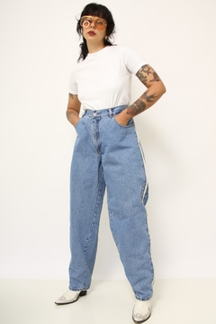 Calça jeans azul classica listra branca lateral bag - comprar online