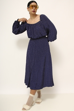 Vestido poa vintage azul ombro a ombro - comprar online