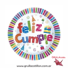 PLATO FELIZ CUMPLE MULTICOLOR x 6 unidades