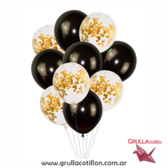 SET GLOBOS CONFETTI DORADO Y PERLADO NEGRO x10