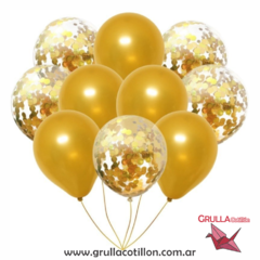 SET GLOBOS CONFETTI DORADO Y PERLADO DORADO x10