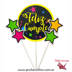 CAKE TOPPER x3 - FELIZ CUMPLE FLUO - GRULLA COTILLÓN