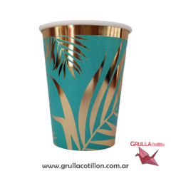 VASO HOJAS VERDE AGUA Y DORADO x8 - comprar online