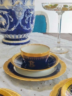 6 Trios de Te en Porcelana Francesa Limoges Azul Cobalto y Oro