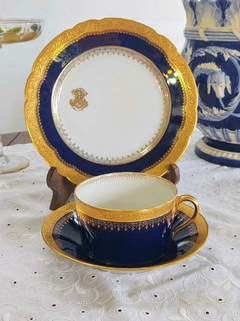 6 Trios de Te en Porcelana Francesa Limoges Azul Cobalto y Oro