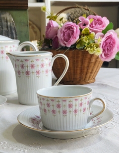 Juego de te en porcelana Verbano completo para 6 personas delicadas flores con dos tonalidades de Rosa A