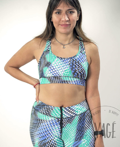 Calza Azul Estampada Lineas Deportiva Mujer Tiro Medio Lycra Suplex - YAGÉ