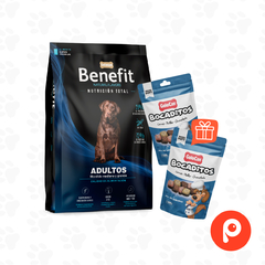 Benefit Perro Adulto Mordida Mediana y Grande 15kg + 2 golocan carne /pollo y chocgolate 500gr de regalo