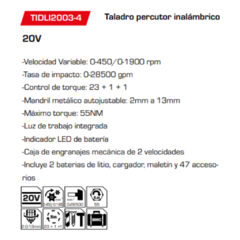 Taladro percutor inalámbrico TIDLI2003-4 - comprar online