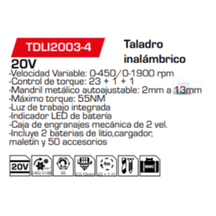 Taladro inalámbrico TDLI2003-4 - comprar online