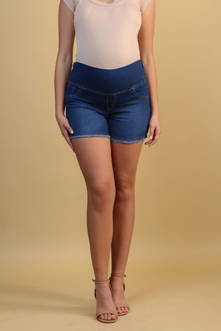 Short jeans gestante barra desfiada jeans escuro - loja online