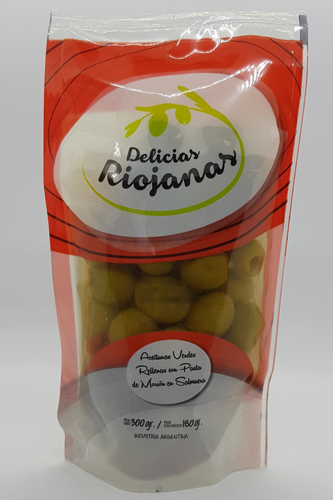 Aceitunas verdes rellenas con morrón DELICIAS RIOJANAS 180gr. PACK DE 3 UNIDADES.