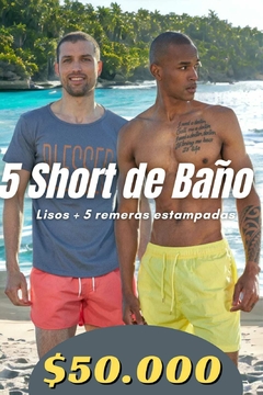 Pack 5 Short de Baño Liso C/vivo + 5 Remera Estampadas