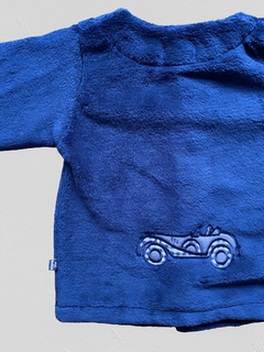 Campera "Old Bunch" - Azul, de peluche, con botones, con auto atrás, en blanco y azul - tienda online