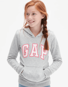 Buzo "Gap". Canguro gris con logo blanco y rosa en internet