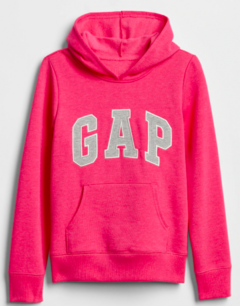 Buzo "Gap". Canguro rosa con logo bordado gris y blanco