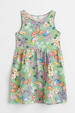 Vestido H&M - Big Girl - Verde con mariposas y flores