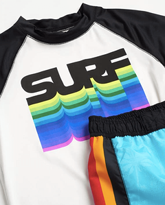 Malla con remera UV manga corta - "iXtreme" - Blanca con SURF y malla celeste - Lupeluz