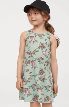 Vestido H&M - Little Girl - Verde con florcitas y animalitos - comprar online