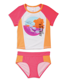 Malla "Justice" - Remera UV + bombacha blanca con naranja y rosa