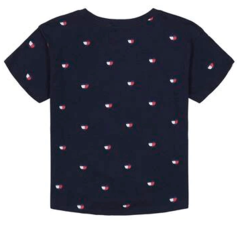 Remera "Tommy Hilfiger". Azul con logos estampados y nudo en internet