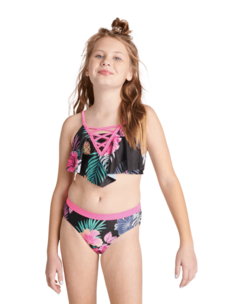 Malla "Justice" - Little girl - Bikini negra con flores y detalles en rosa flúo en internet