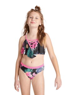 Malla "Justice" - Big girl - Bikini negra con flores y detalles en rosa flúo en internet