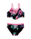 Malla "Justice" - Big girl - Bikini negra con flores y detalles en rosa flúo