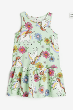 Vestido H&M - Little Girl - Verde agua con unicornios y margaritas