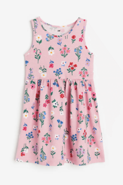 Vestido H&M - Big Girl - Rosa con flores y tallos de colores (copia)