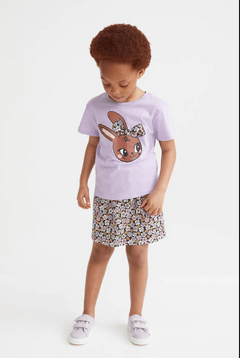 Conjunto 2 piezas "H&M" - Little Girl - Remera lila con coneja + pollera floreada en internet