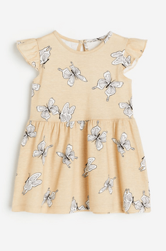 Vestido H&M - Little girl - De algodón beige con mariposas blancas y negras