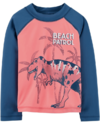 Remera UV "Osh Kosh" - Naranja clarito con mangas largas en azul y dino "Beach Patrol"